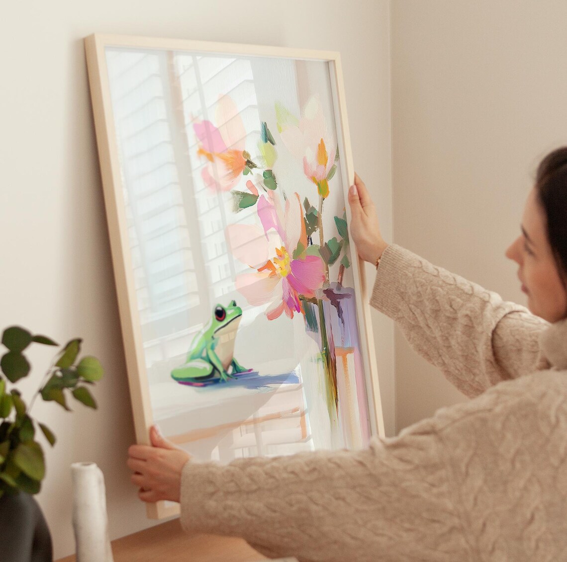 Green Frog Beside Pink Flowers Pastel Watercolor Painting Poster - Image 3