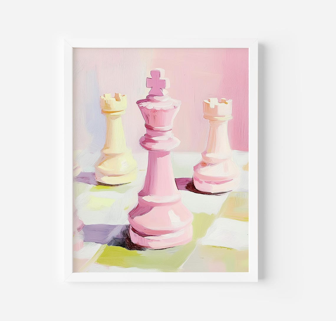 Pink King Chess Piece On Chessboard Pastel Strategy Game Art Poster