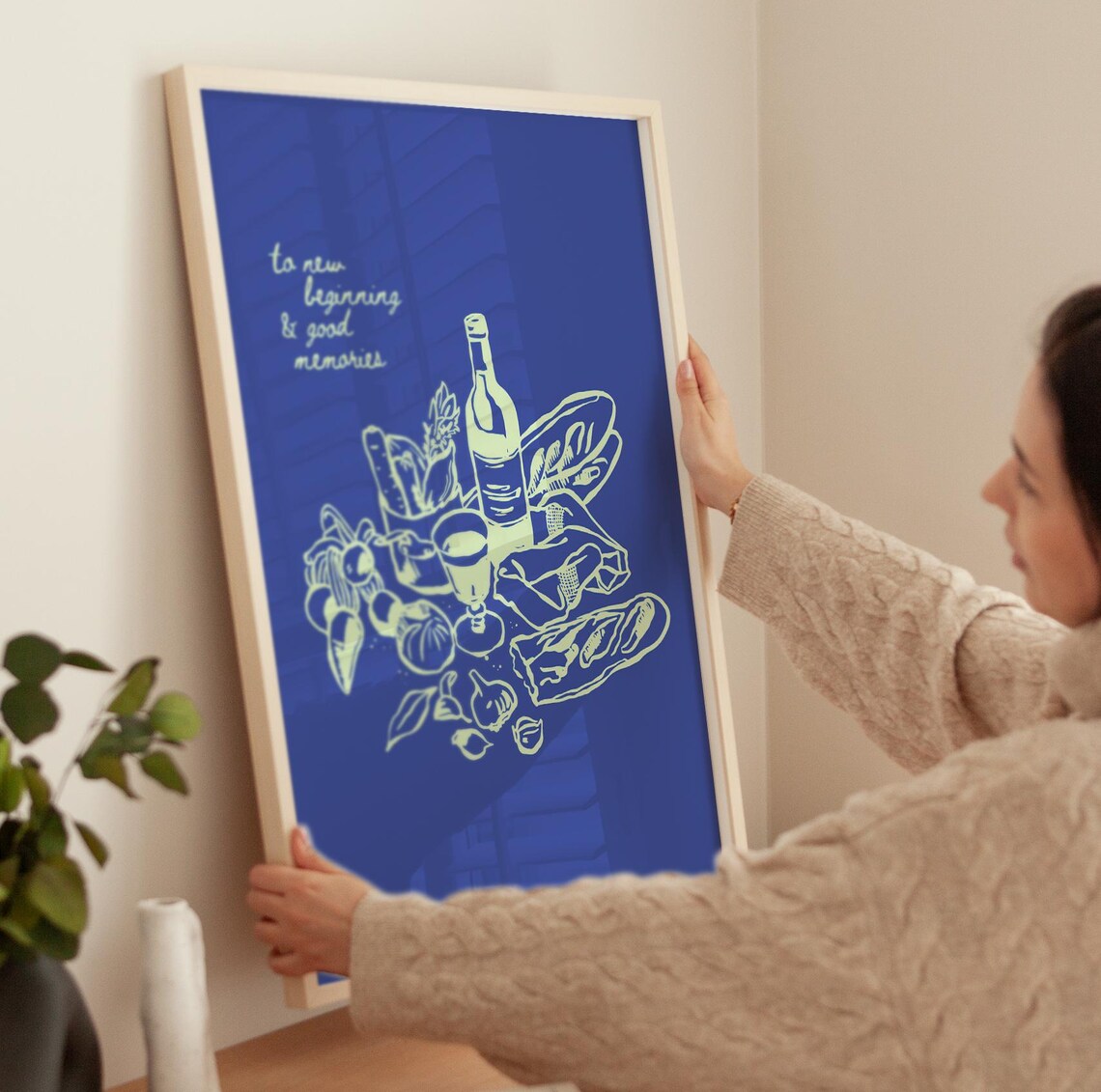 To New Beginning Good Memories Print Blue Wine Bread Still Life Wall Art - Image 4