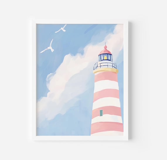 Pink Striped Lighthouse With Seagulls Coastal Painting Poster