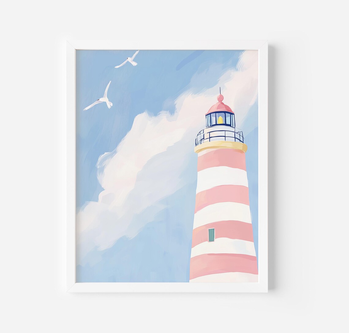 Pink Striped Lighthouse With Seagulls Coastal Painting Poster