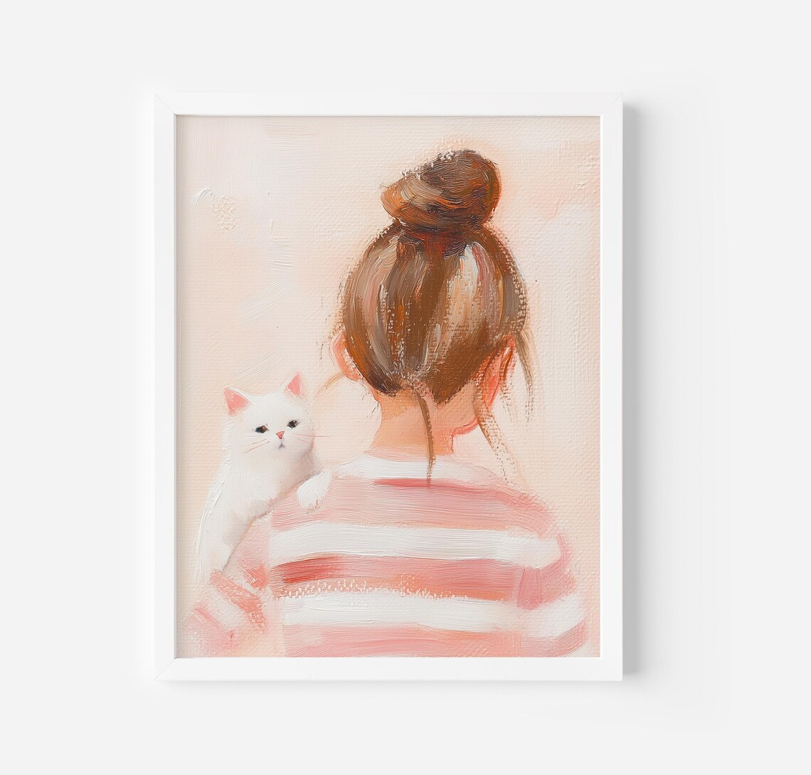 Girl Portrait Cat Prints, Pink Girly Room Art