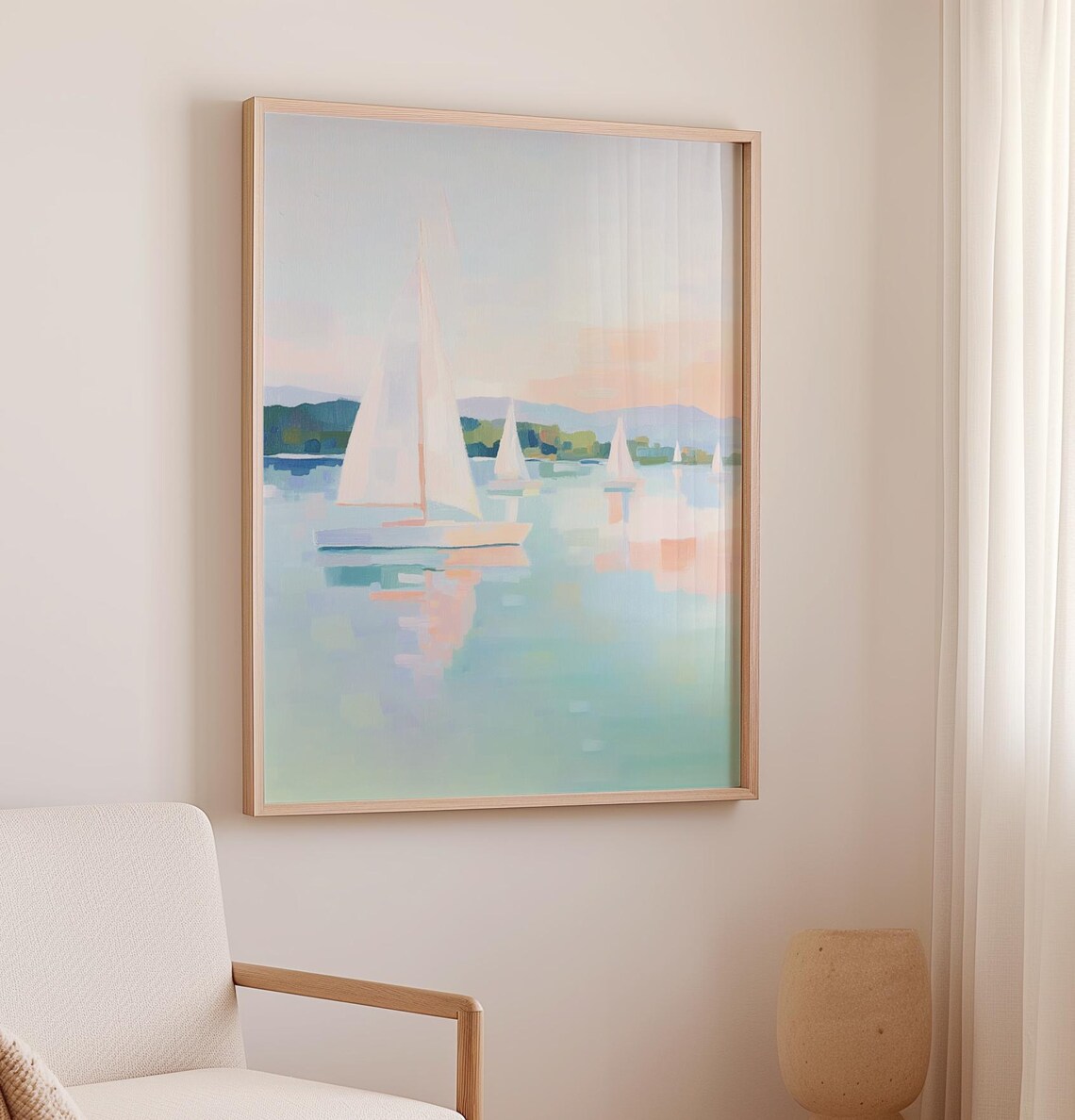 Sailboats On Calm Water Pastel Regatta Seascape Painting Poster - Image 2