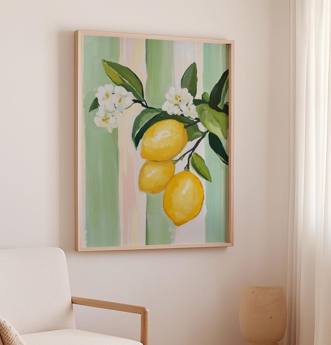 Fresh Lemon Branch Blossoms Pastel Stripes Citrus Kitchen Wall Poster - Image 3