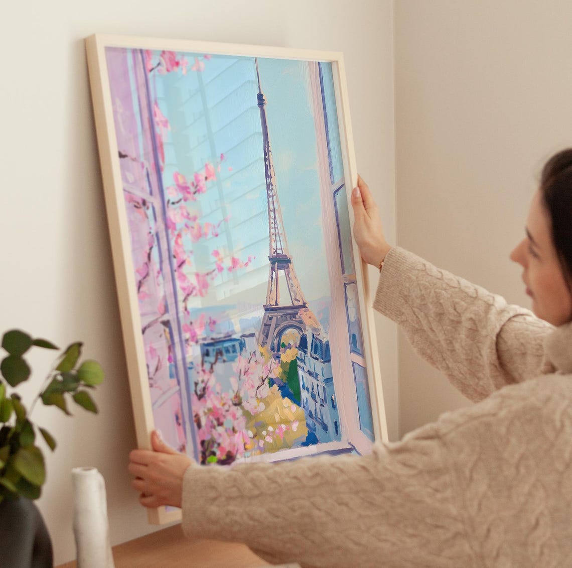 Eiffel Tower Through Window with Cherry Blossoms Paris Travel Poster - Image 3