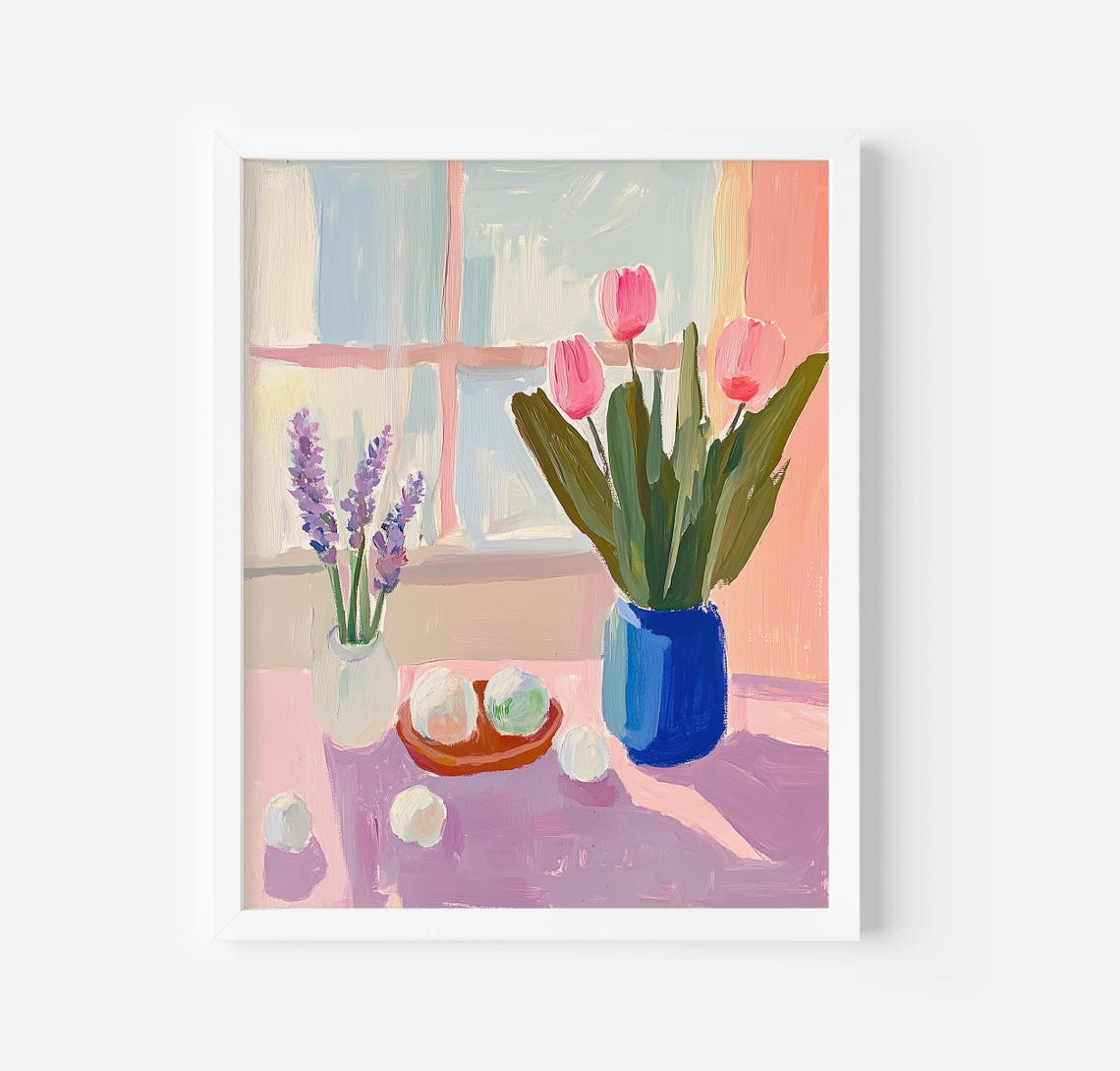 Pink Tulips and Lavender Floral Still Life Pastel Window Art Poster