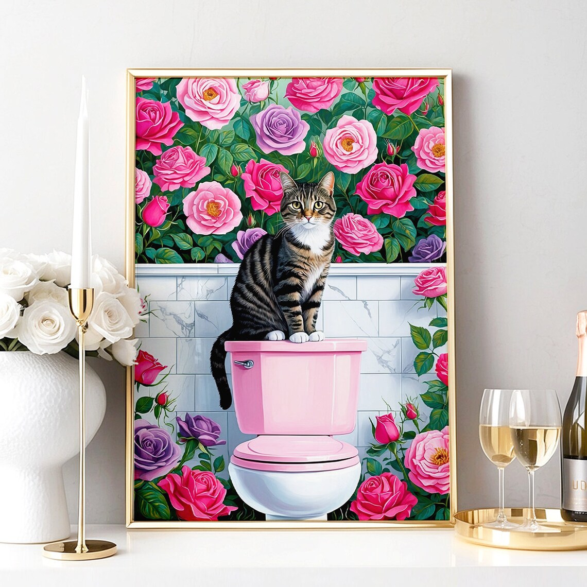 Tabby Cat Perched On Pink Toilet Tank Among Pink Roses Poster - Image 3