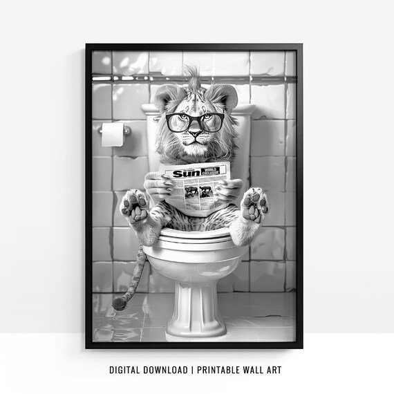 Lion Reading The Sun Newspaper on Toilet Funny Bathroom Poster