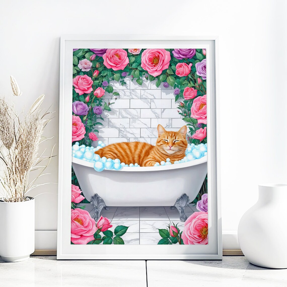Orange Tabby Bubble Bath Relaxed Cute Funny Cat Bathroom Poster - Image 2
