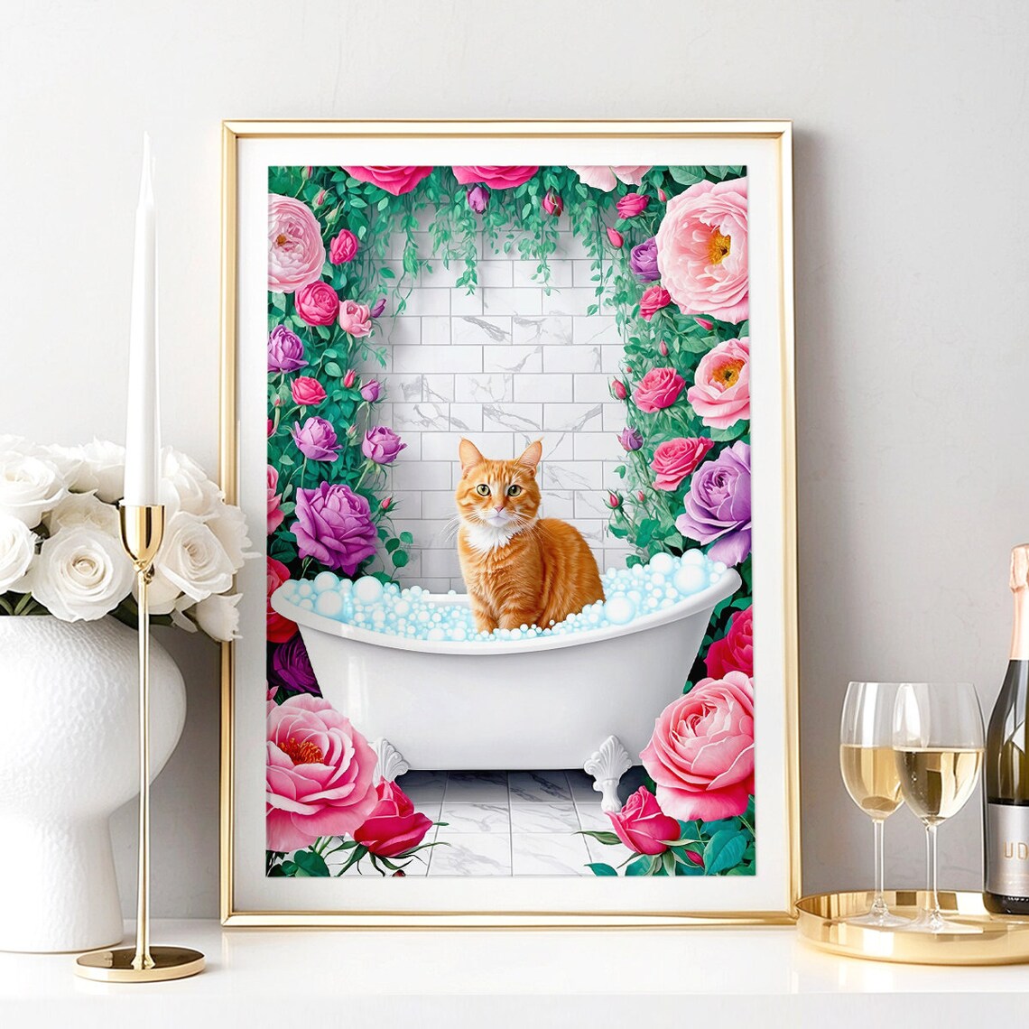 Ginger Cat Bubble Bath Roses Cute Funny Bathroom Decor Poster - Image 5
