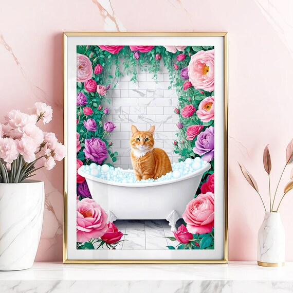Ginger Cat Bubble Bath Roses Cute Funny Bathroom Decor Poster