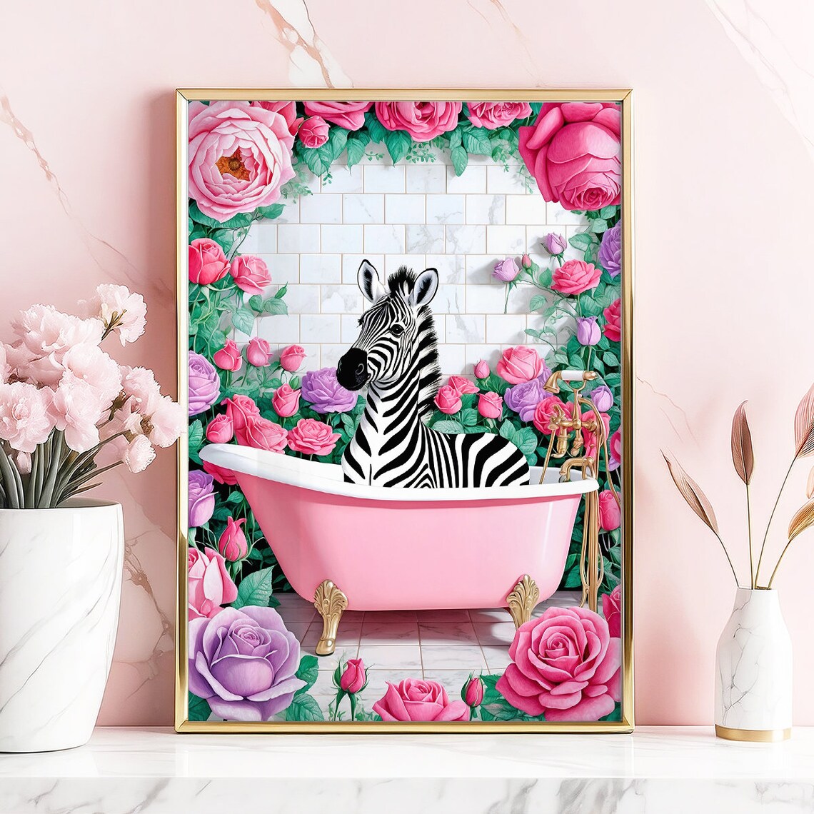 Zebra Pink Bathtub Roses Funny Maximalist Bathroom Floral Poster - Image 5