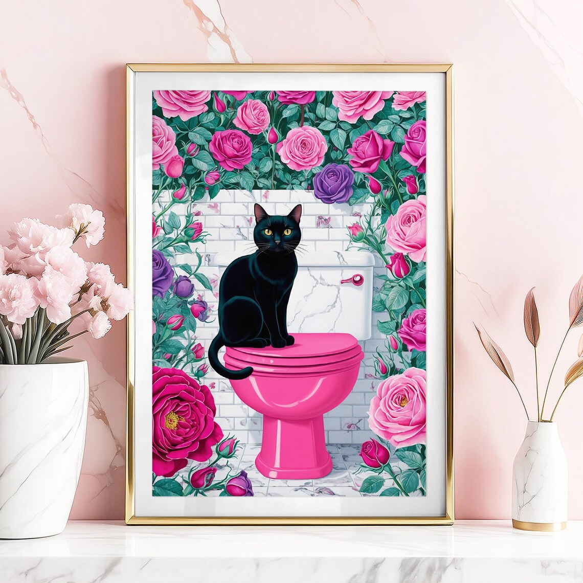 Black Cat Sitting On Pink Toilet Surrounded By Roses Bathroom Poster - Image 4