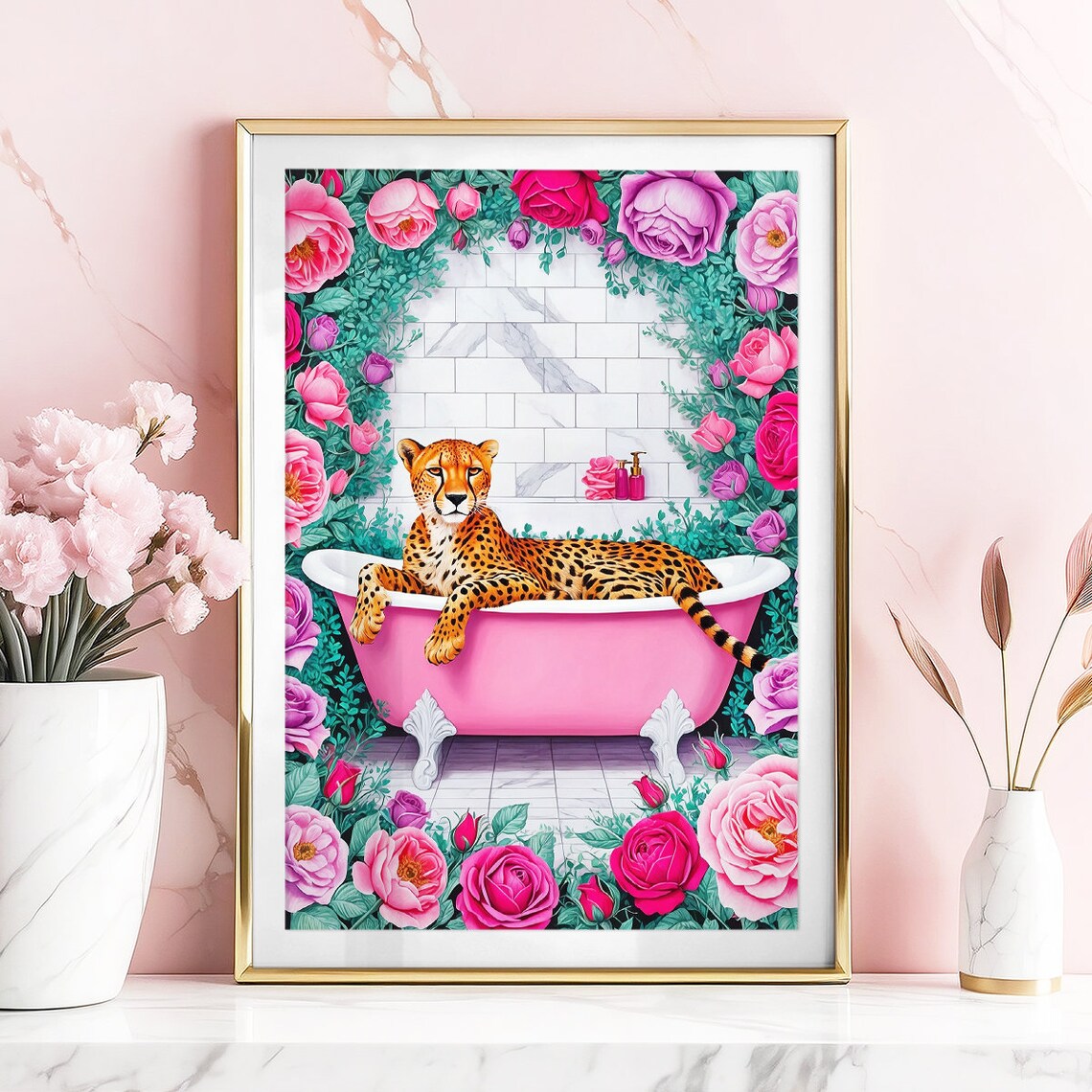 Cheetah Pink Bathtub Roses Luxury Funny Bathroom Decor Poster - Image 4