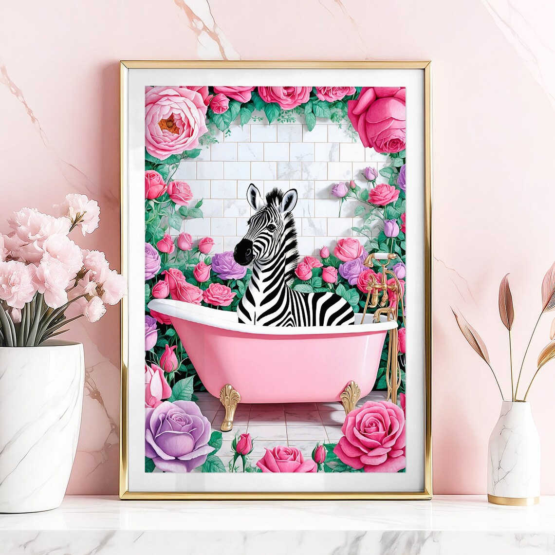 Zebra Pink Bathtub Roses Funny Maximalist Bathroom Floral Poster - Image 2
