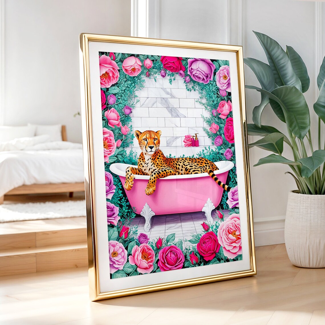 Cheetah Pink Bathtub Roses Luxury Funny Bathroom Decor Poster