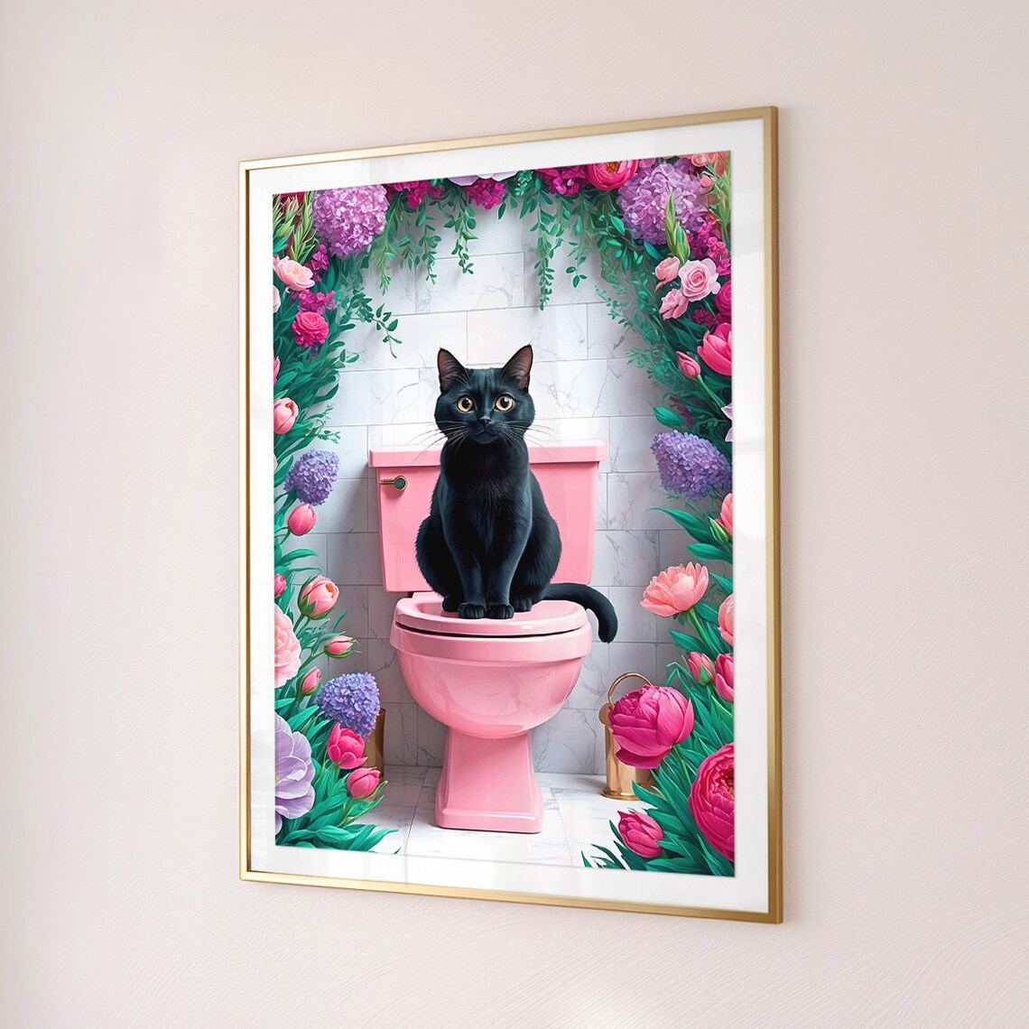 Black Cat Pink Toilet Floral Arch Funny Bathroom Decor Poster - Image 2