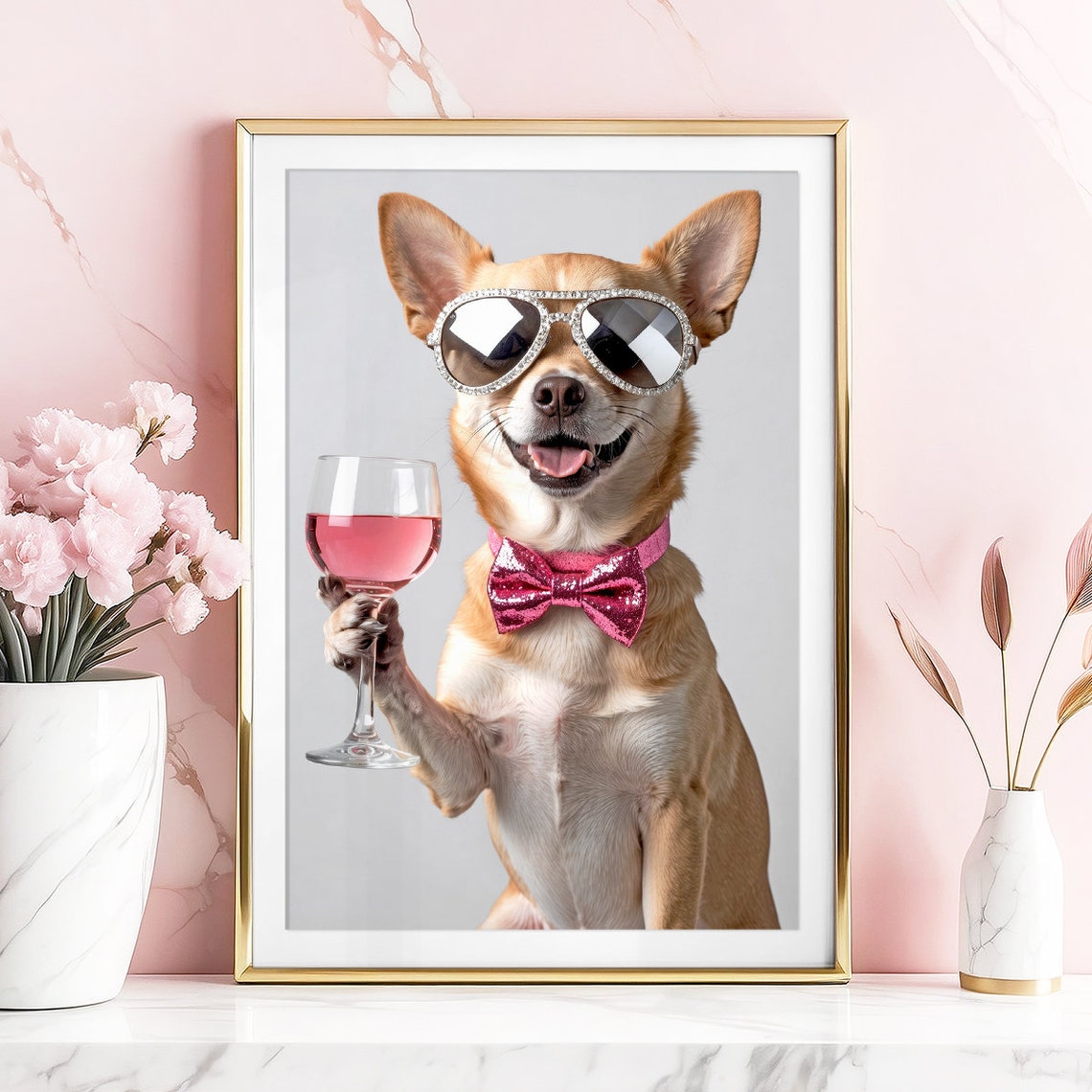 Chihuahua Wall Art Chihuahua Pink Gin Print Chihuahua Poster Funny Dog Gift Dog Drinking Trendy Bar Cart Print Cocktail Print - Image 4