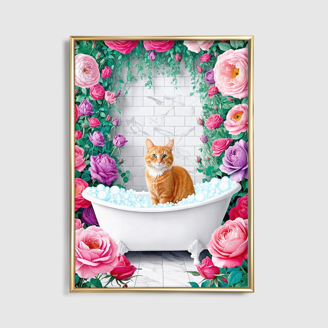 Ginger Cat Bubble Bath Roses Cute Funny Bathroom Decor Poster - Image 4