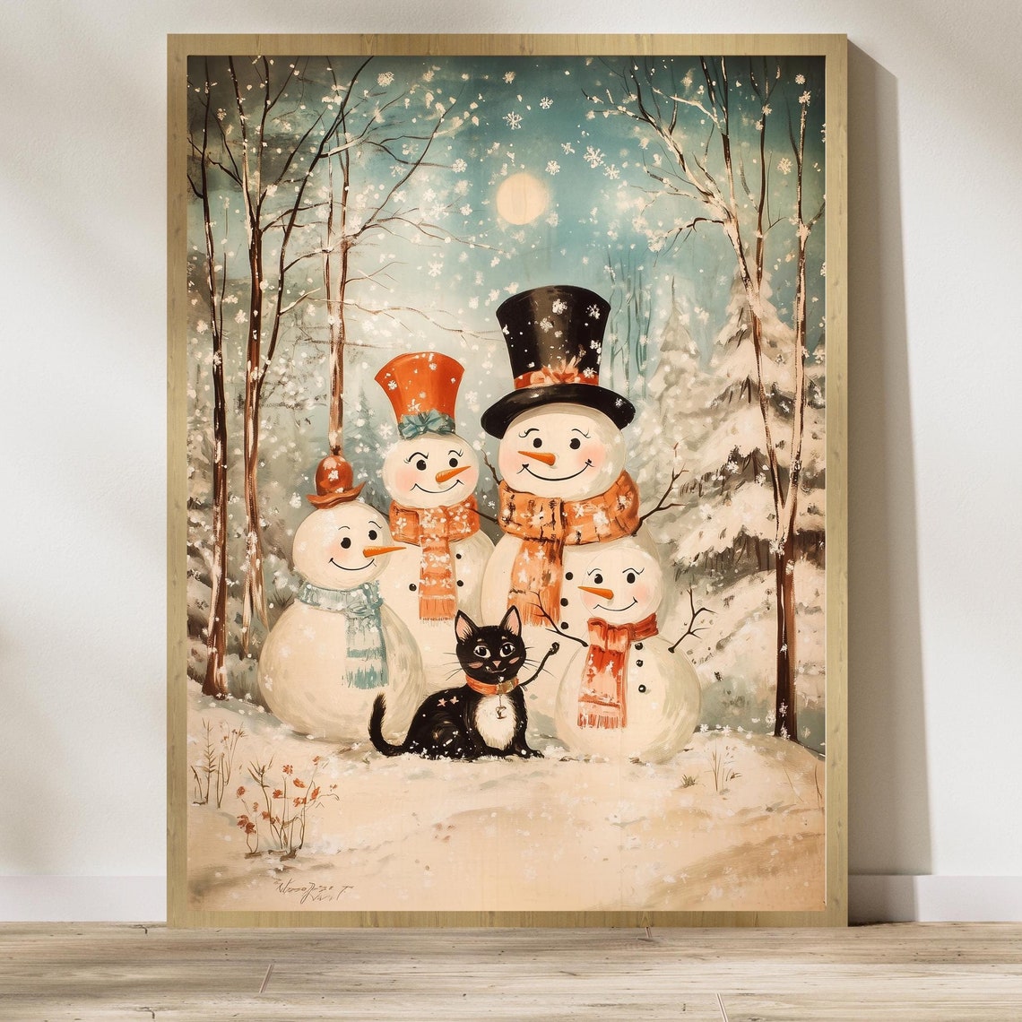 Vintage Snowman Family With Black Cat Painting Wall Art Christmas Antique Christmas Wall Art Christmas Kids Room Wall Art