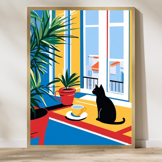 Black Cat Coffee Minimalist Poster Bold Geometric Red Yellow Blue Art