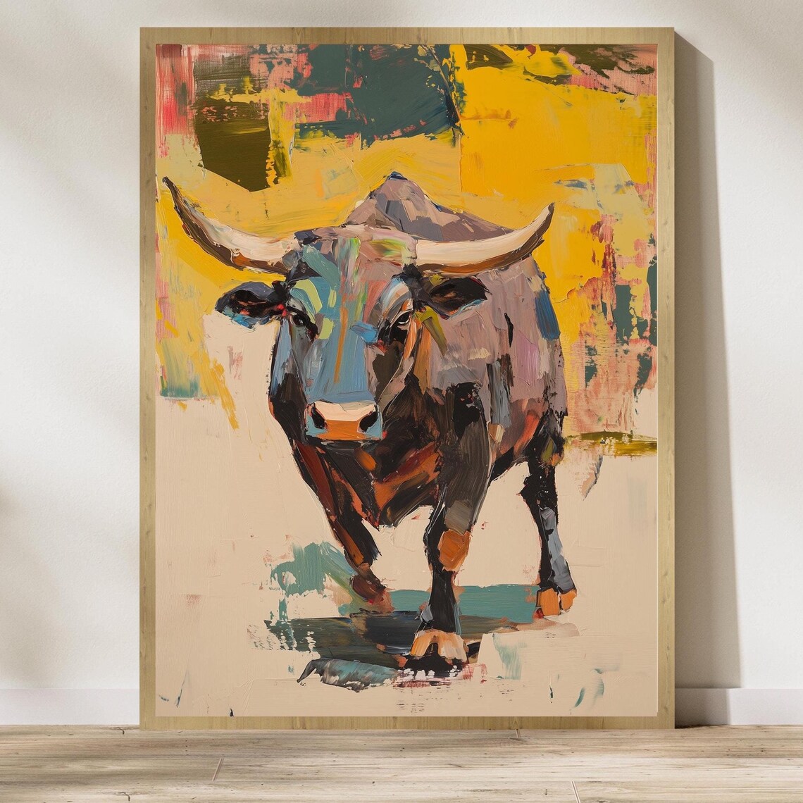 Bold Abstract Bull Oil Painting in Yellow and Teal Gallery Poster