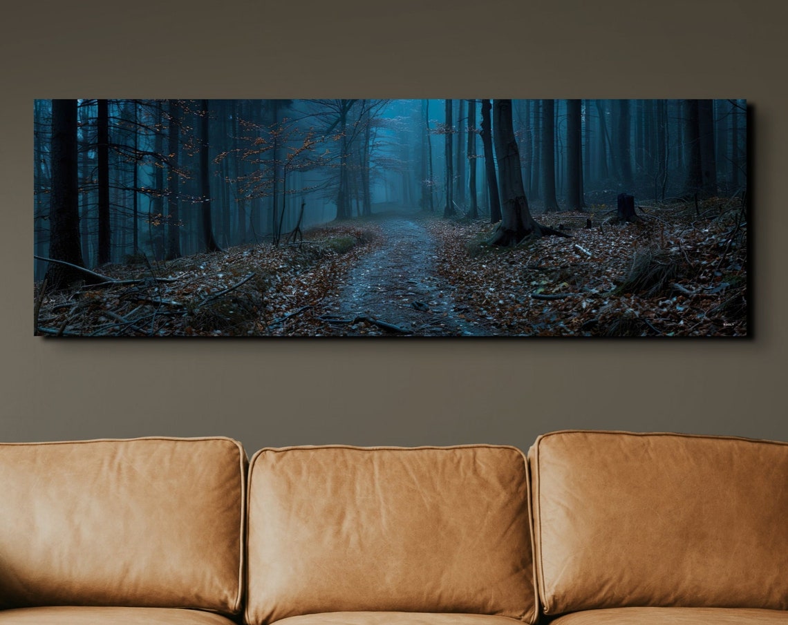 Mysterious Forest Trail Winding Through Dark Blue Trees at Dusk Poster