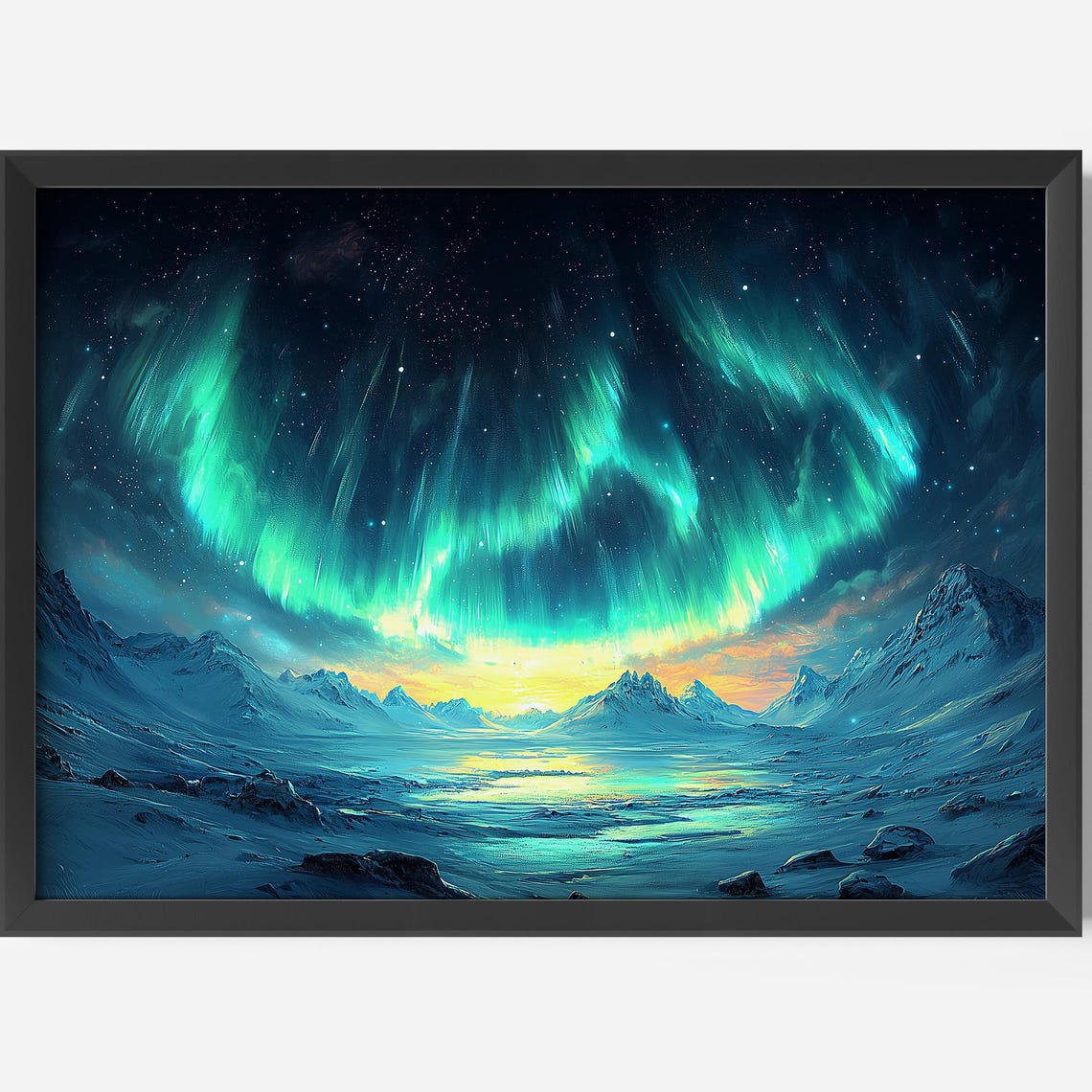 Aurora Borealis Teal Northern Lights Snowy Mountains Night Wall Art