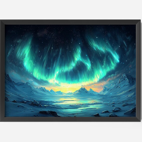 Aurora Borealis Art Print Teal Northern Lights Landscape Pdf