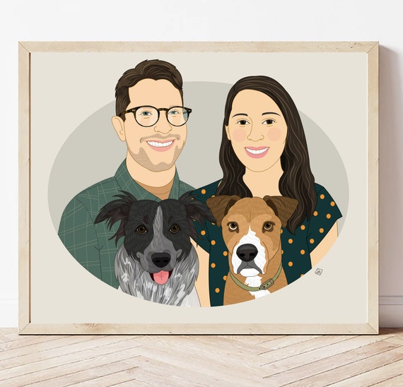 Couple With Two Dogs Custom Family Pet Portrait Illustration Poster