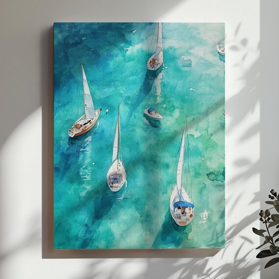 Sailboats on Turquoise Water Aerial View Watercolor Coastal Poster