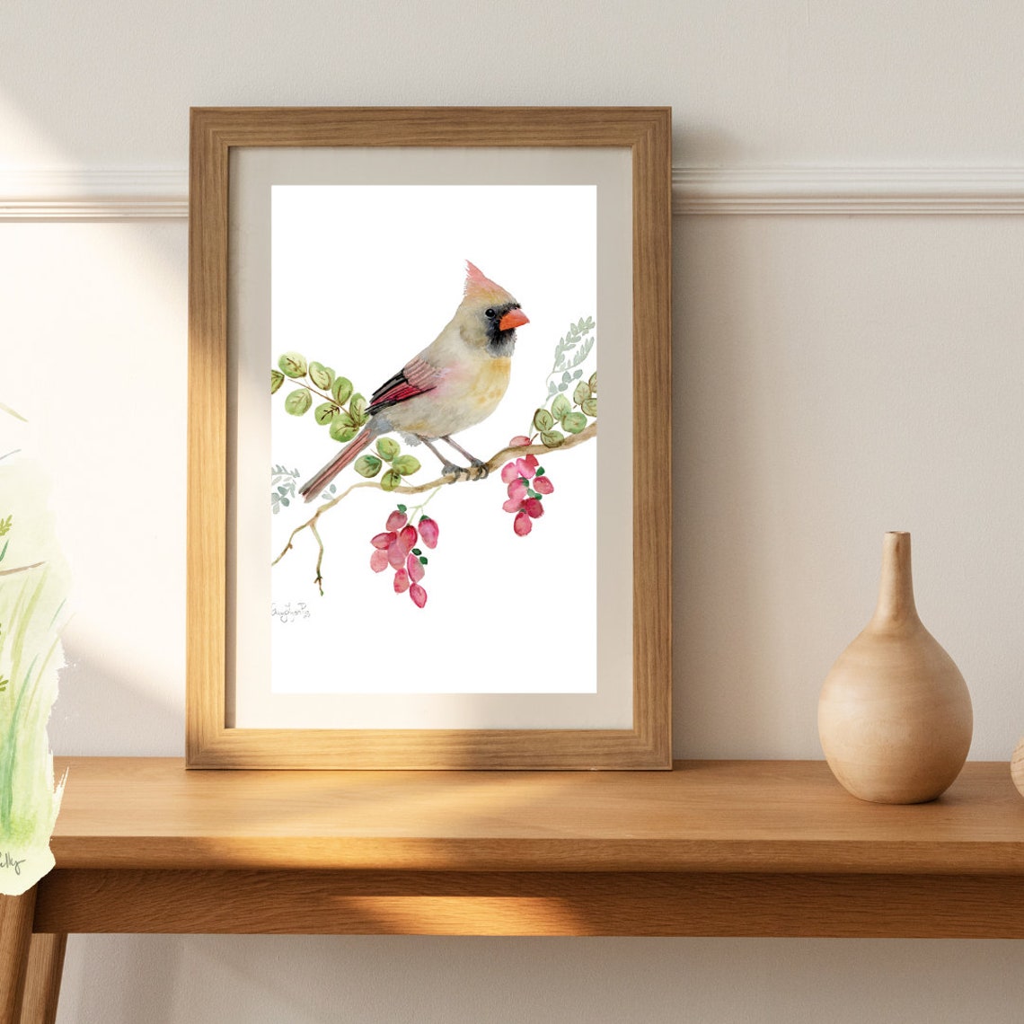 Female Northern Cardinal Watercolor Pink Berries Bird Art Poster