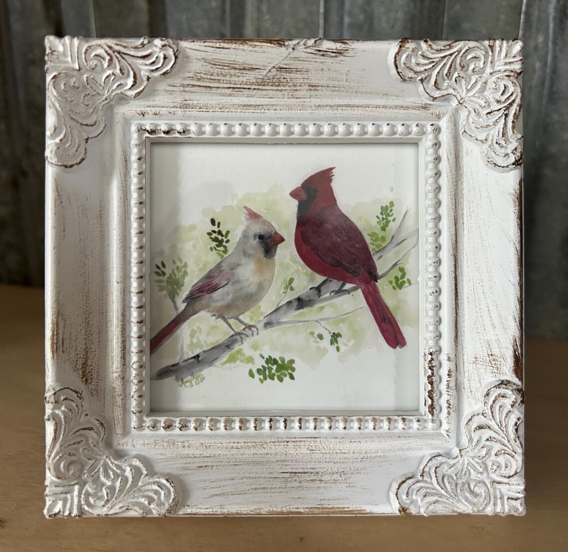 Cardinal Couple Watercolor Print with Male and Female on Branch