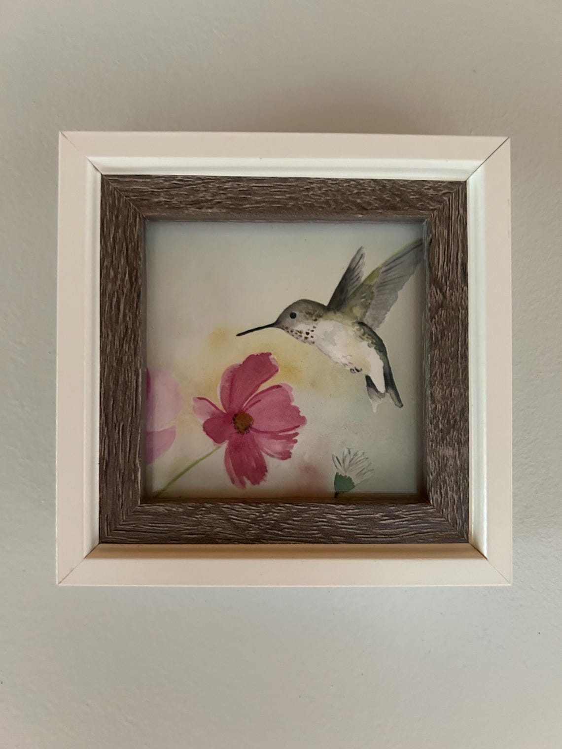 Hummingbird with Pink Cosmos Watercolor Print in Rustic Style