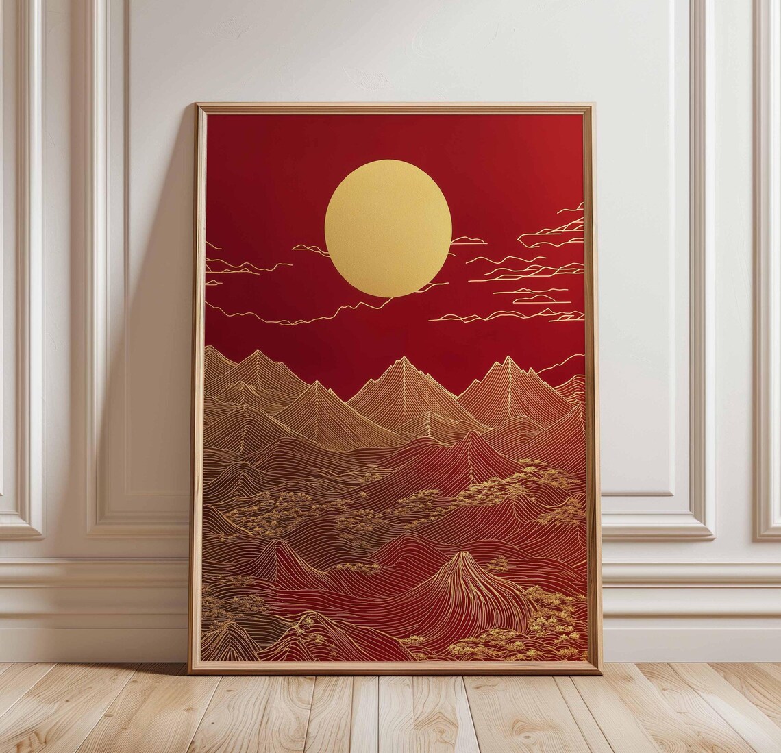 Abstract Asian Mountain Poster, Golden Sun Peaks