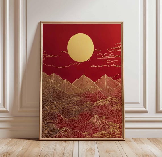 Abstract Asian Mountain Poster, Golden Sun Peaks