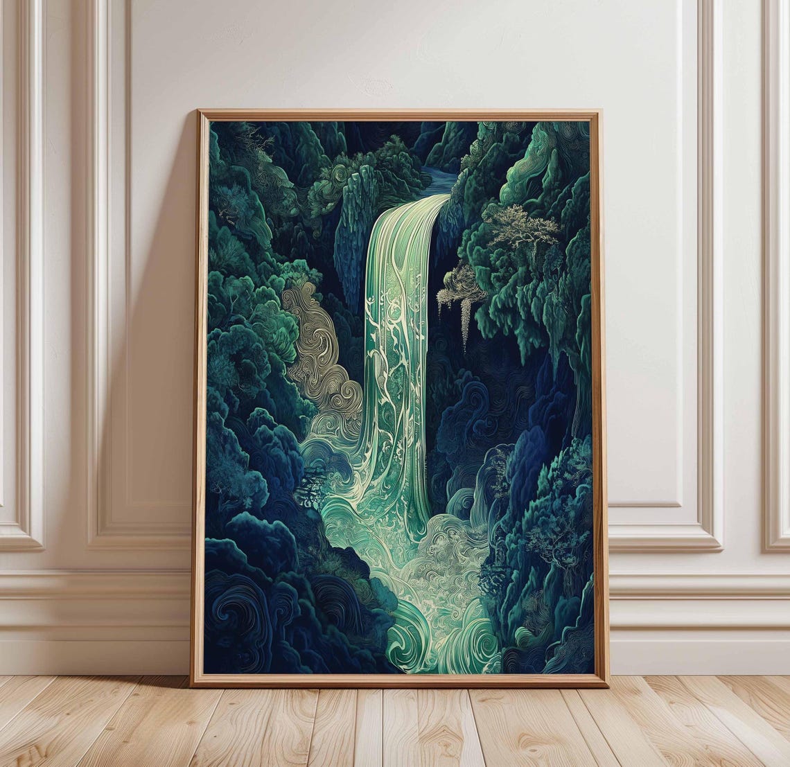 Moonlit Emerald Forest With a Glowing Waterfall Night Art Poster