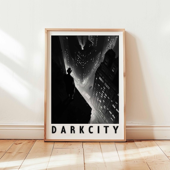 Dark City Noir Detective on Rooftop Overlook Black White Poster