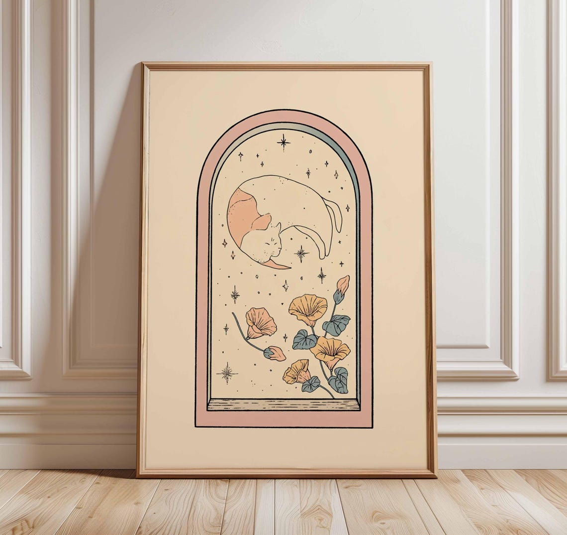 Sleeping Cat Curled on Moon Starry Night Floral Window Poster