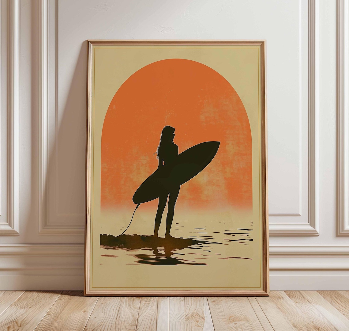 Surf Girl Sunset Poster, Vintage Coastal Wall Art