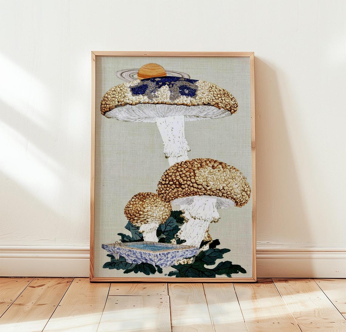 Surreal Mushroom Collage Saturn Planet Dreamy Botanical Poster