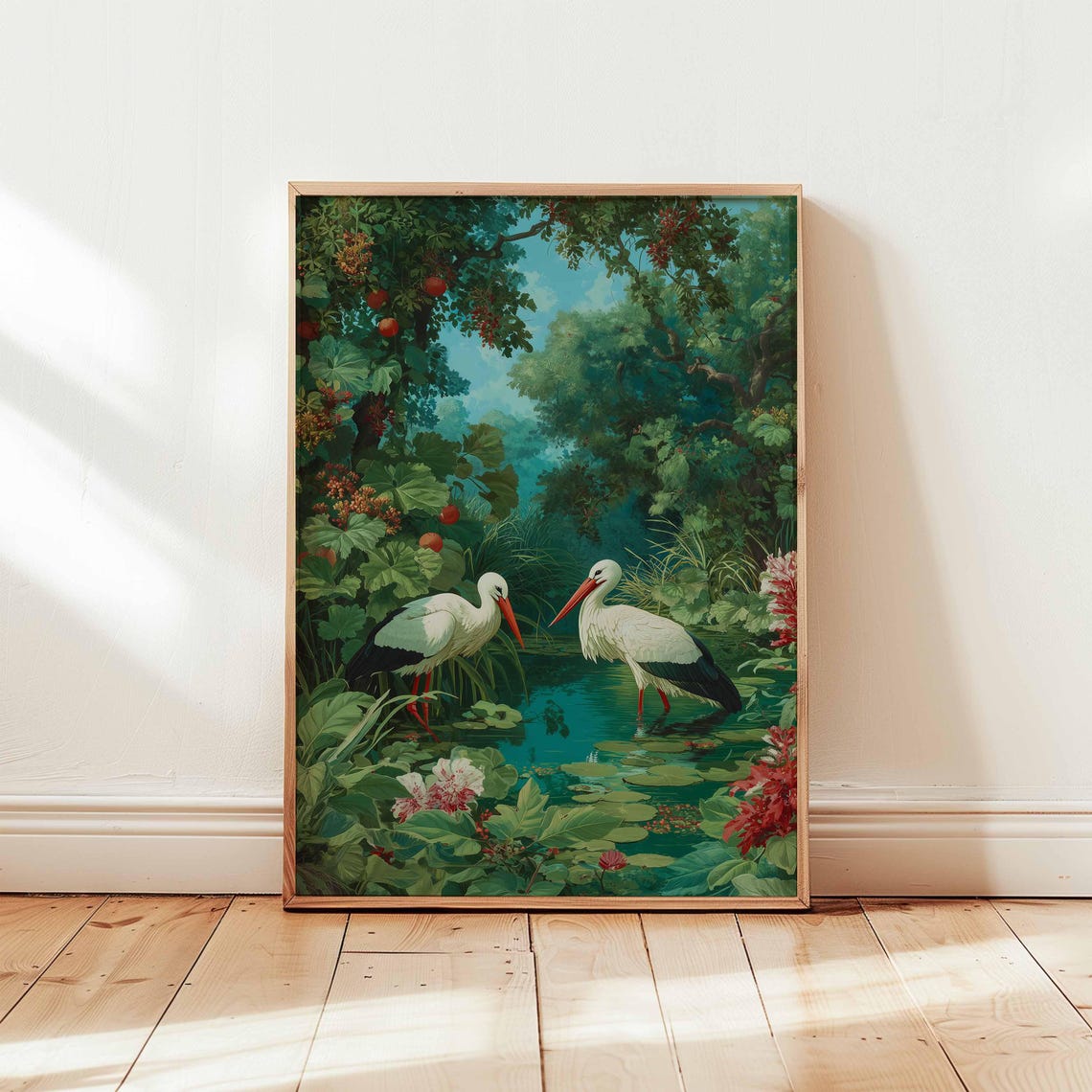 Two White Storks in a Lush Green Pond Botanical Nature Poster