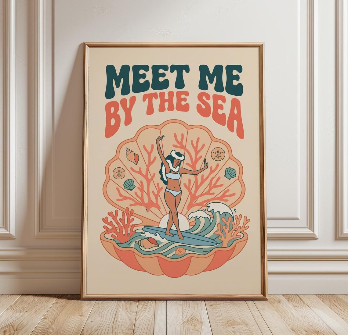 Meet Me By The Sea Retro Coastal Surfer Girl Seashell Coral Poster