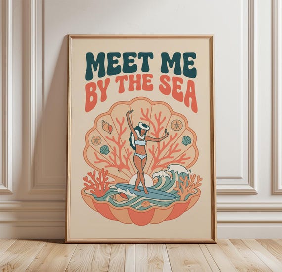 Meet Me By The Sea Poster Print Retro Coastal Wall Art With Surfer Girl And Coral Illustration Beach House Decor Vintage Linocut Style