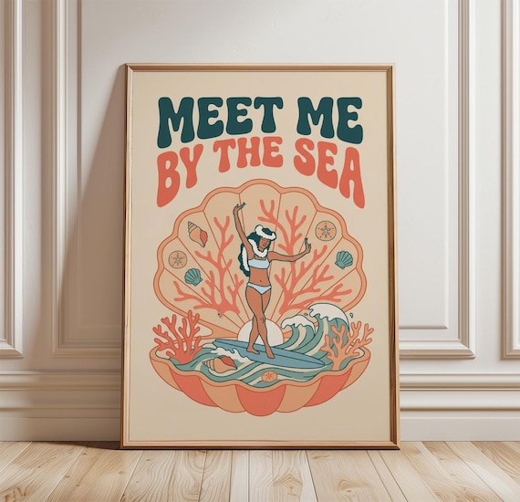 Meet Me By The Sea Retro Coastal Surfer Girl Seashell Coral Poster