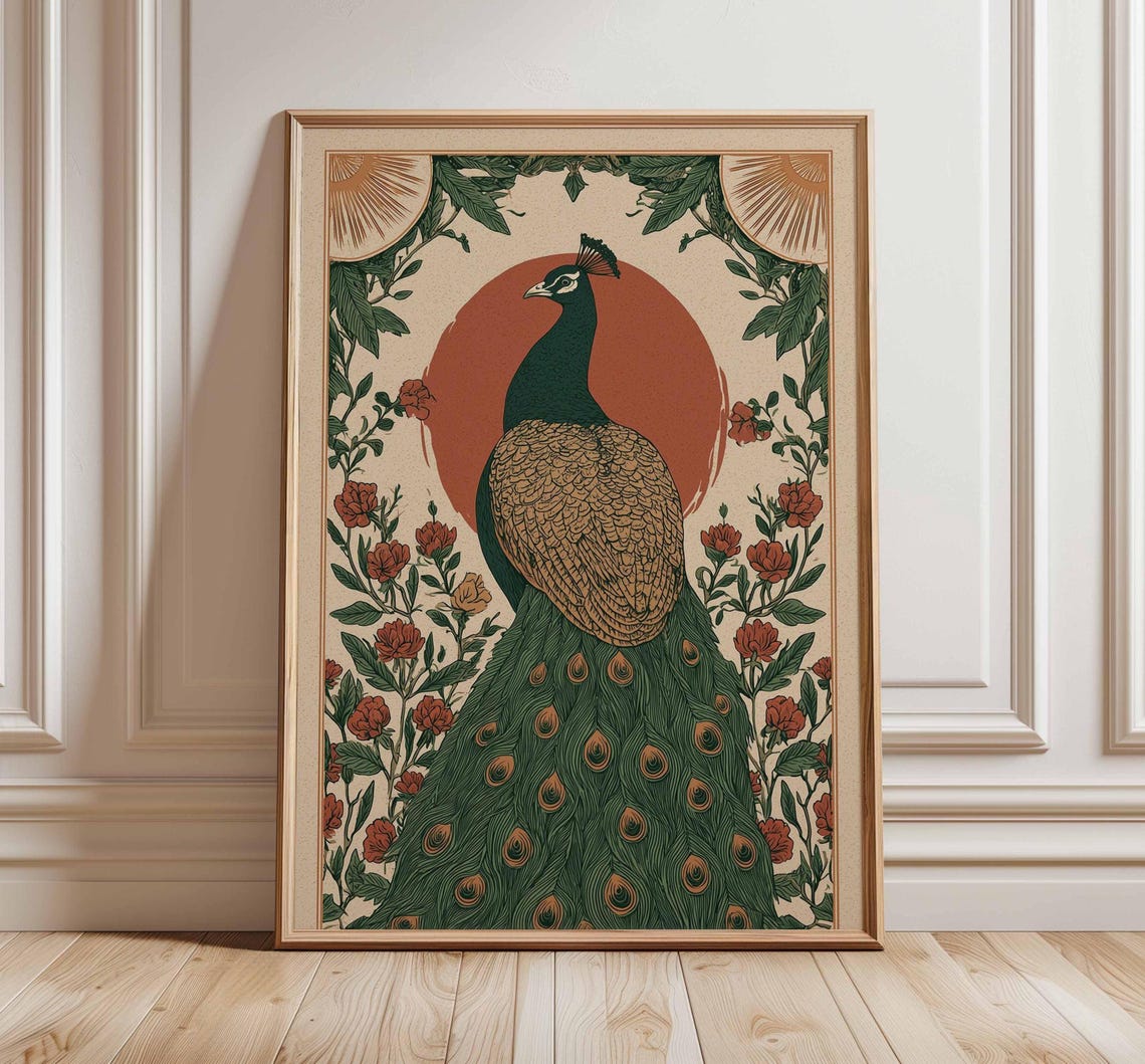 Elegant Peacock Art Nouveau Botanical Roses Vintage Style Poster
