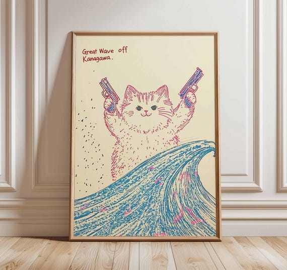 Funny Cat Poster Great Wave Parody Wall Art Quirky Pop Print Cute Kitty Illustration Humorous Animal Artwork Meme Inspired Decor