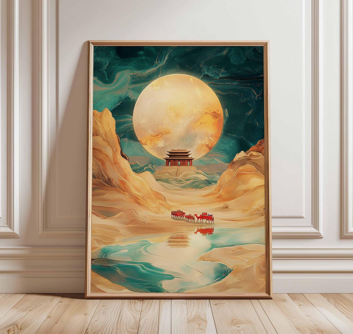 Moonlit Desert Oasis Chinese Pavilion Camel Caravan Marble Sky Poster