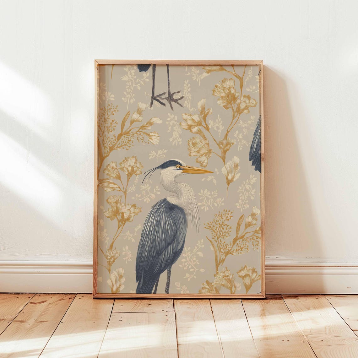 Grey Heron with Gold Botanical Floral Pattern Elegant Japandi Poster