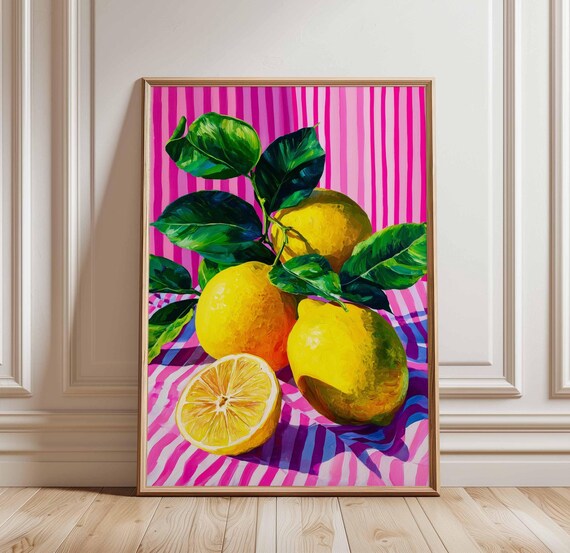Lemon Wall Art Poster Bold Fruit Print With Leaves Pink Stripe Background Colorful Modern Kitchen Decor Unframed Painting Style